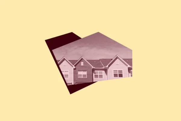 Light yellow background with dark red shapes and image of the top of an apartment building