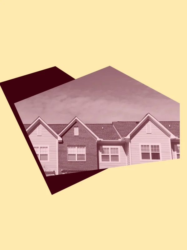 Light yellow background with dark red shapes and image of the top of an apartment building