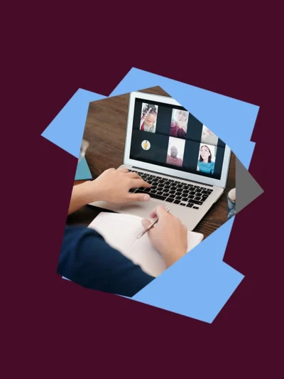 Dark red background with a photo of a person on a Zoom call on a laptop, with a light blue shape framing the image.