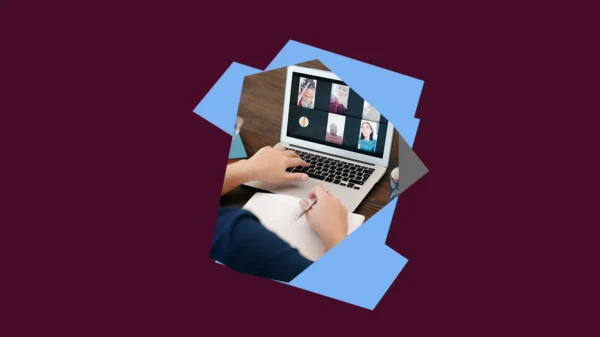 Dark red background with a photo of a person on a Zoom call on a laptop, with a light blue shape framing the image.