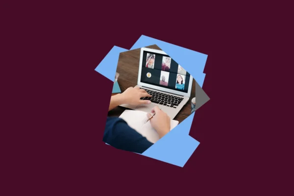 Dark red background with a photo of a person on a Zoom call on a laptop, with a light blue shape framing the image.