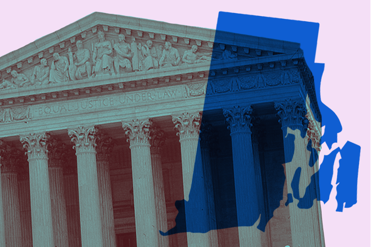pink background with a blue and dark red shaded U.S. Supreme Court building with blue Rhode Island state shape overlayed.