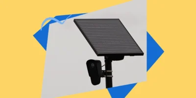 yellow and blue image with photo of Flock Safety camera and solar panel.