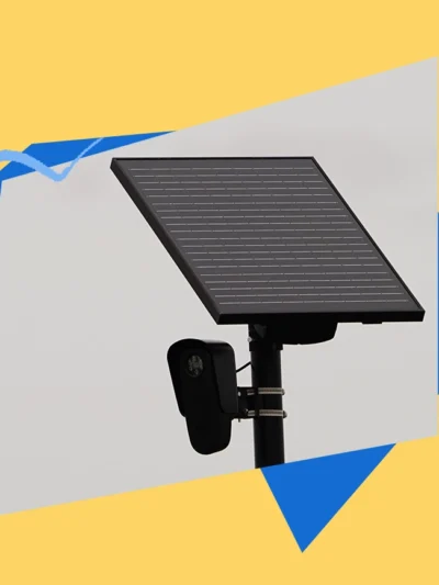 yellow and blue image with photo of Flock Safety camera and solar panel.