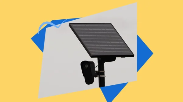 yellow and blue image with photo of Flock Safety camera and solar panel.