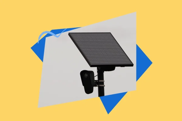 yellow and blue image with photo of Flock Safety camera and solar panel.