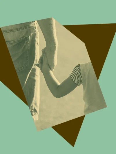 Light green background, brown shape with yellow and green image of a child and an adult holding hands.