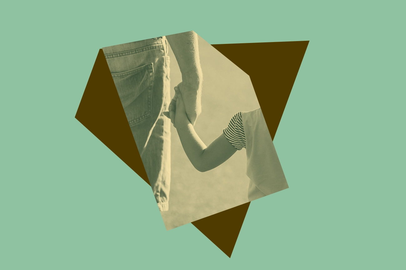 Light green background, brown shape with yellow and green image of a child and an adult holding hands.