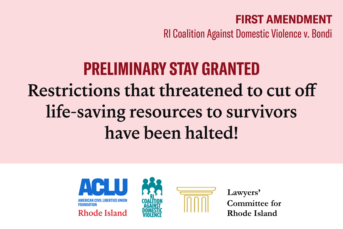 Pink background with red and black text that says "preliminary stay granted: Restrictions that threatened to cut off life-saving resources to survivors have been halted!"