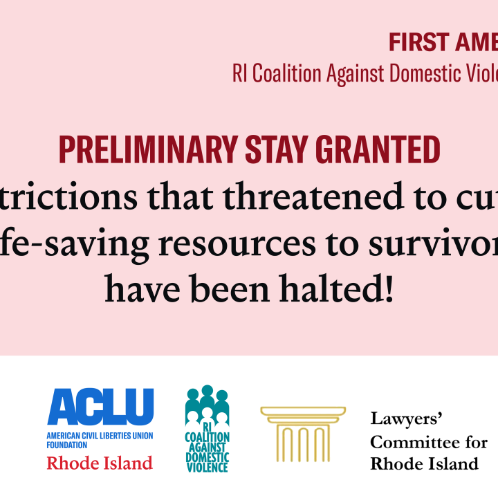 Preliminary Stay Granted – RICADV v. Bondi Pink background with red and black text that says "preliminary stay granted: Restrictions that threatened to cut off life-saving resources to survivors have been halted!"